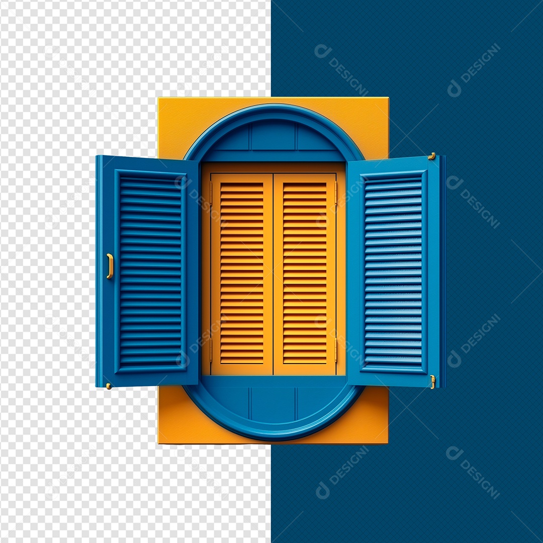 Elemento 3D Janela de Madeira Azul e Amarela para Composição PSD