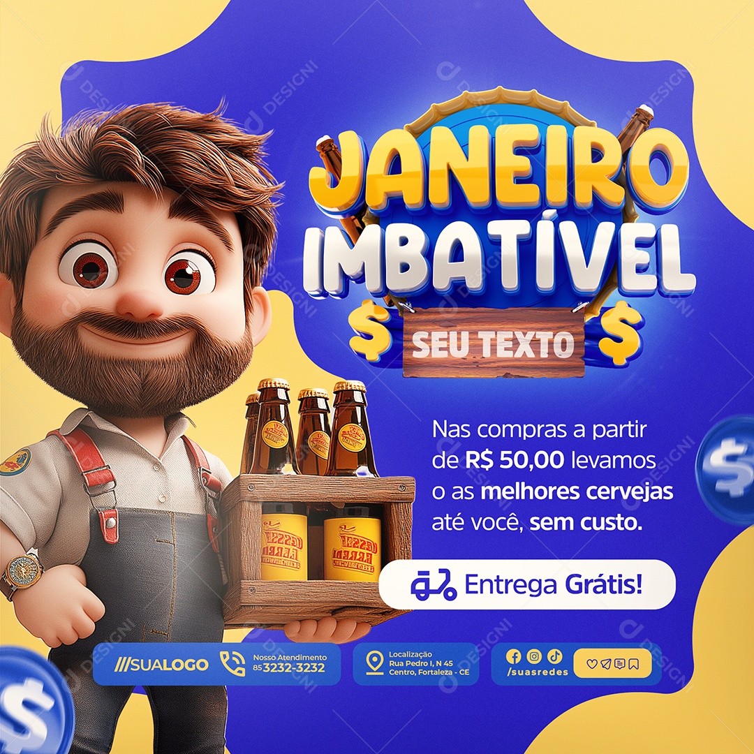 Janeiro Imbatível Cervejaria Entrega Grátis Social Media PSD Editável