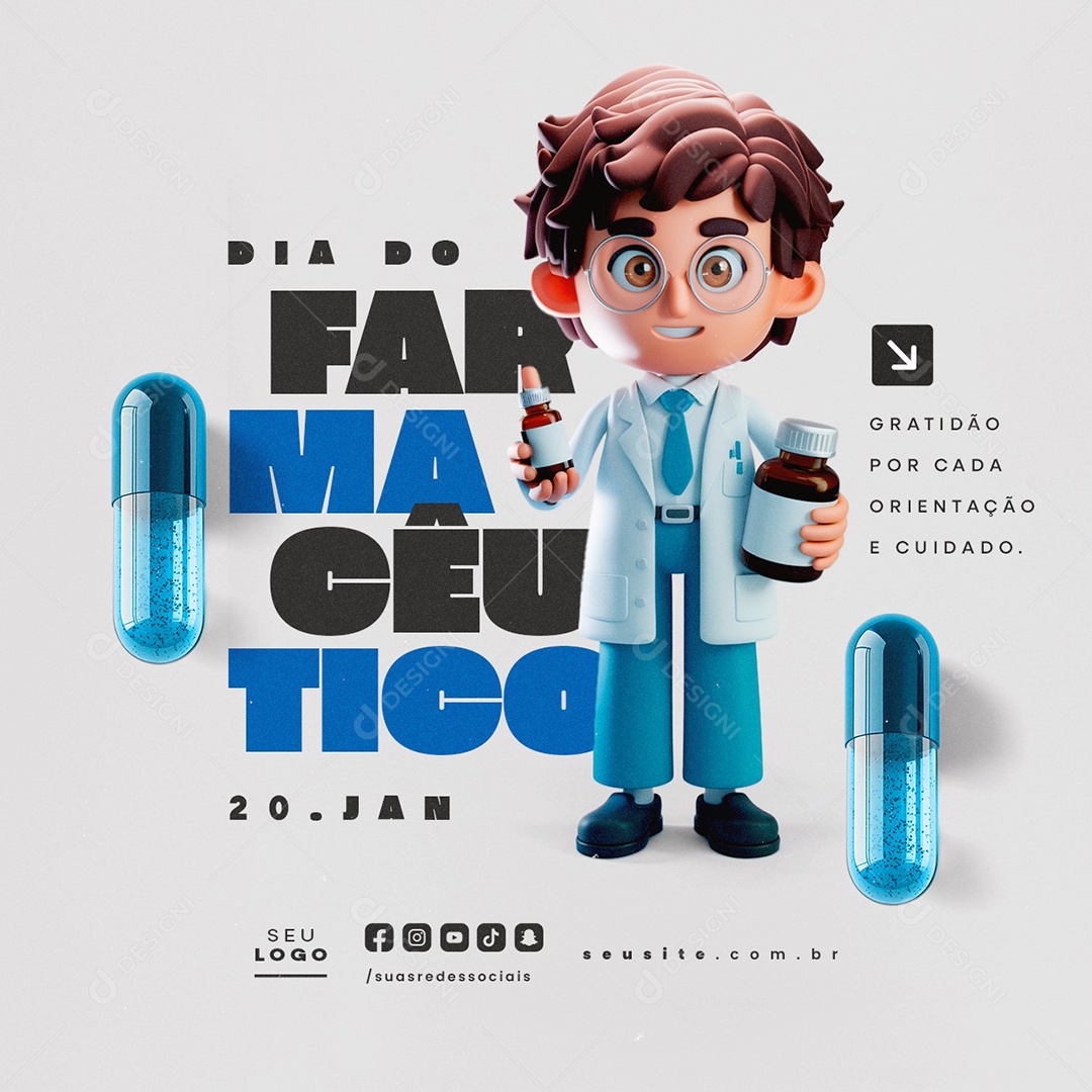 Dia do Farmacêutico 20 de Janeiro Gratidão Por Cada Orientação Social Media PSD Editável