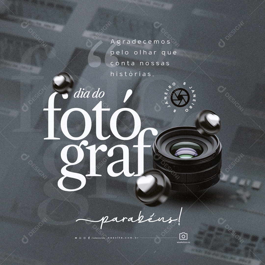 Dia do Fotográfo 08 de Janeiro Parabéns Social Media PSD Editável