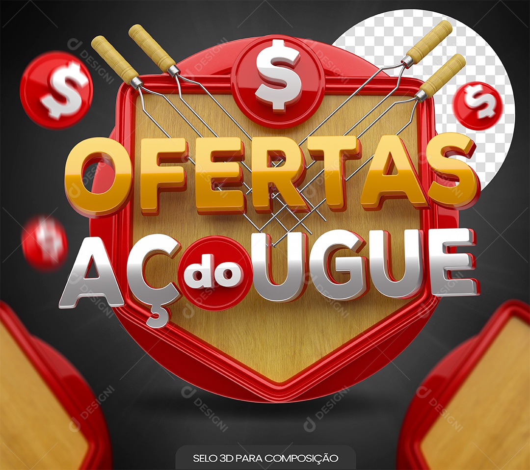 Ofertas do Açougue Selo 3D Dourado e Branco para Composição PSD