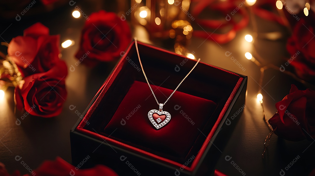 Colar de joias em formato de coração com detalhes em diamante em caixa de veludo