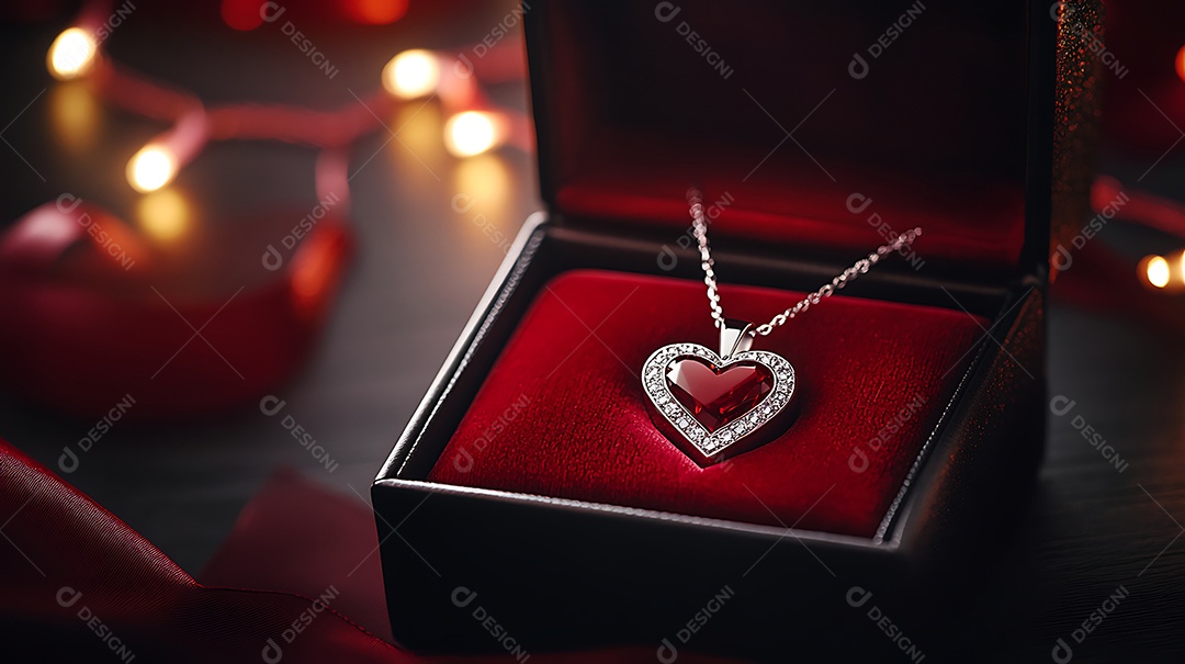 Colar de joias em formato de coração com detalhes em diamante em caixa de veludo
