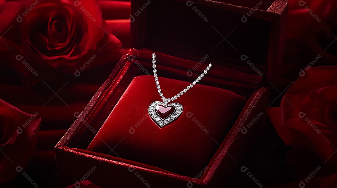 Colar de joias em formato de coração com detalhes em diamante em caixa de veludo