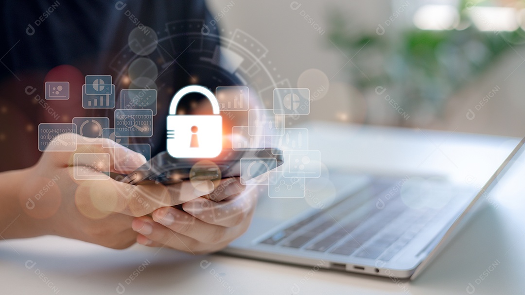 Empresário na internet no conceito de segurança  login e senha cibernética