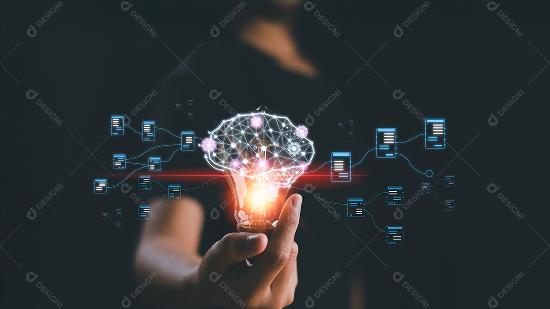 Homem segurando uma lâmpada brilhante tecnológica inovação