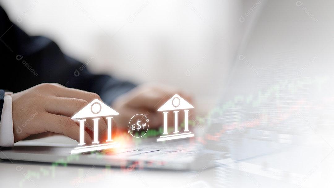 Mão sobre icone financeiro na instituição financeira mobile banking