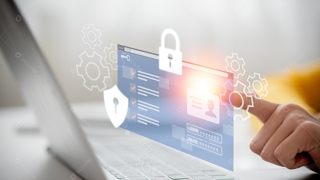 Empresária usando leptop com tecnologia e segurança avançada para negócios