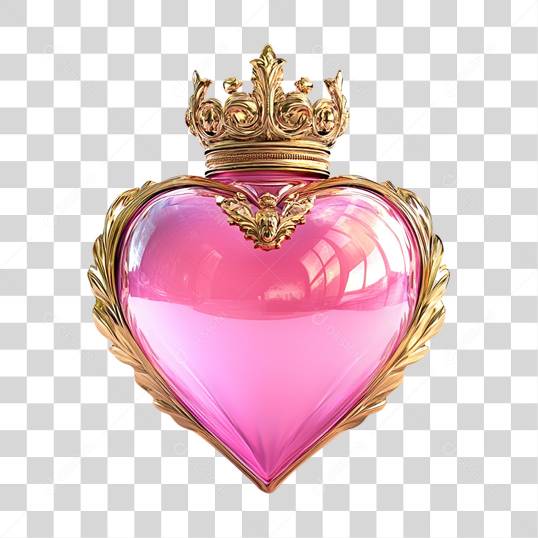 Elemento 3D Coração Rosa com Coroa PNG Transparente