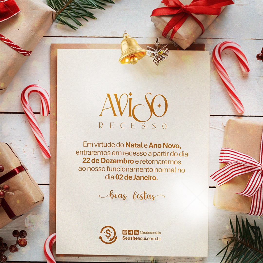 Aviso de Recesso de Natal e Ano Novo Social Media PSD Editável