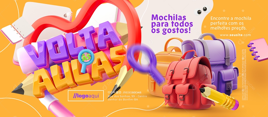 Banner Promoção Volta às Aulas Mochilas para Todos os Gostos Social Media PSD Editável