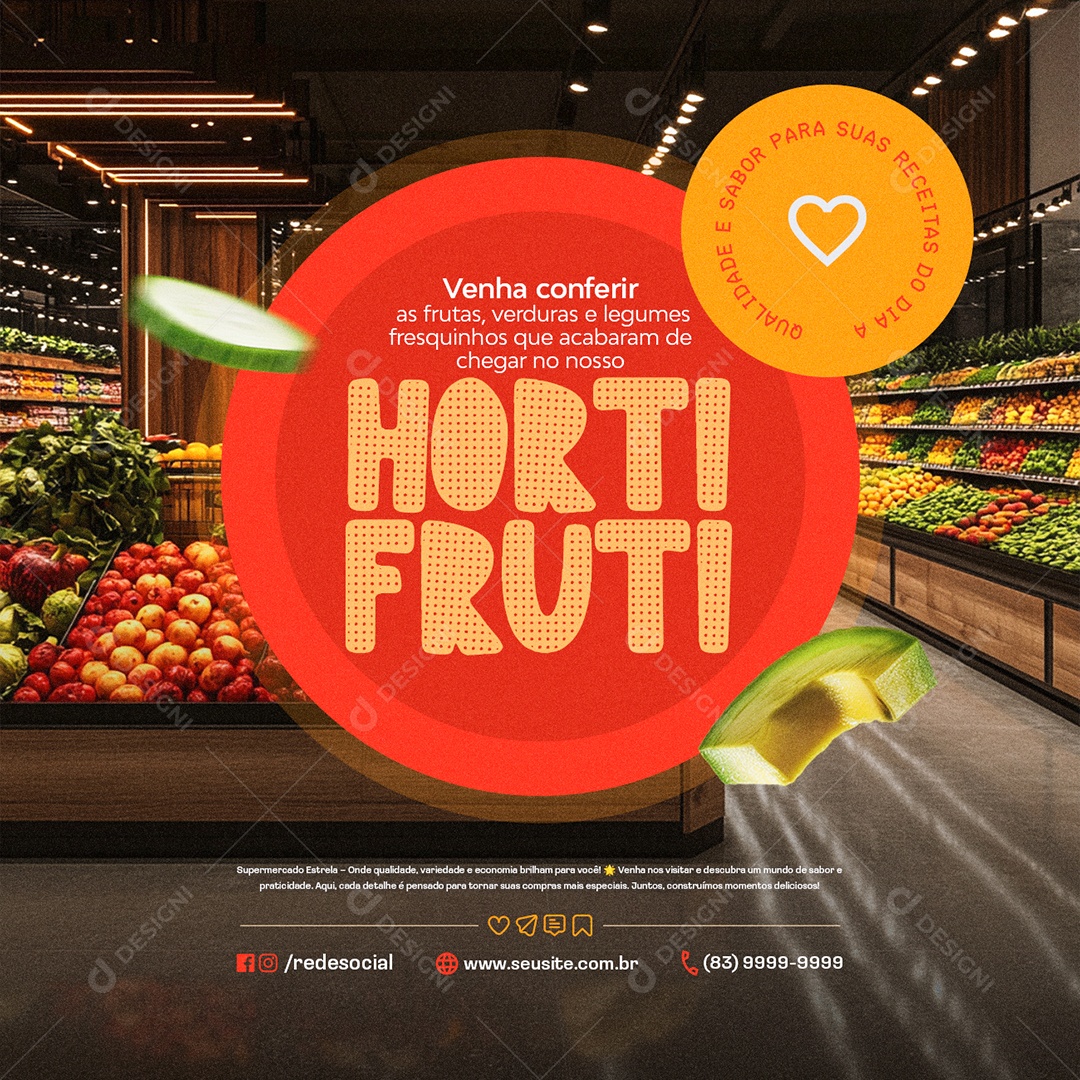 Convite Supermercado Hortifruti Venha Conferir Social Media PSD Editável