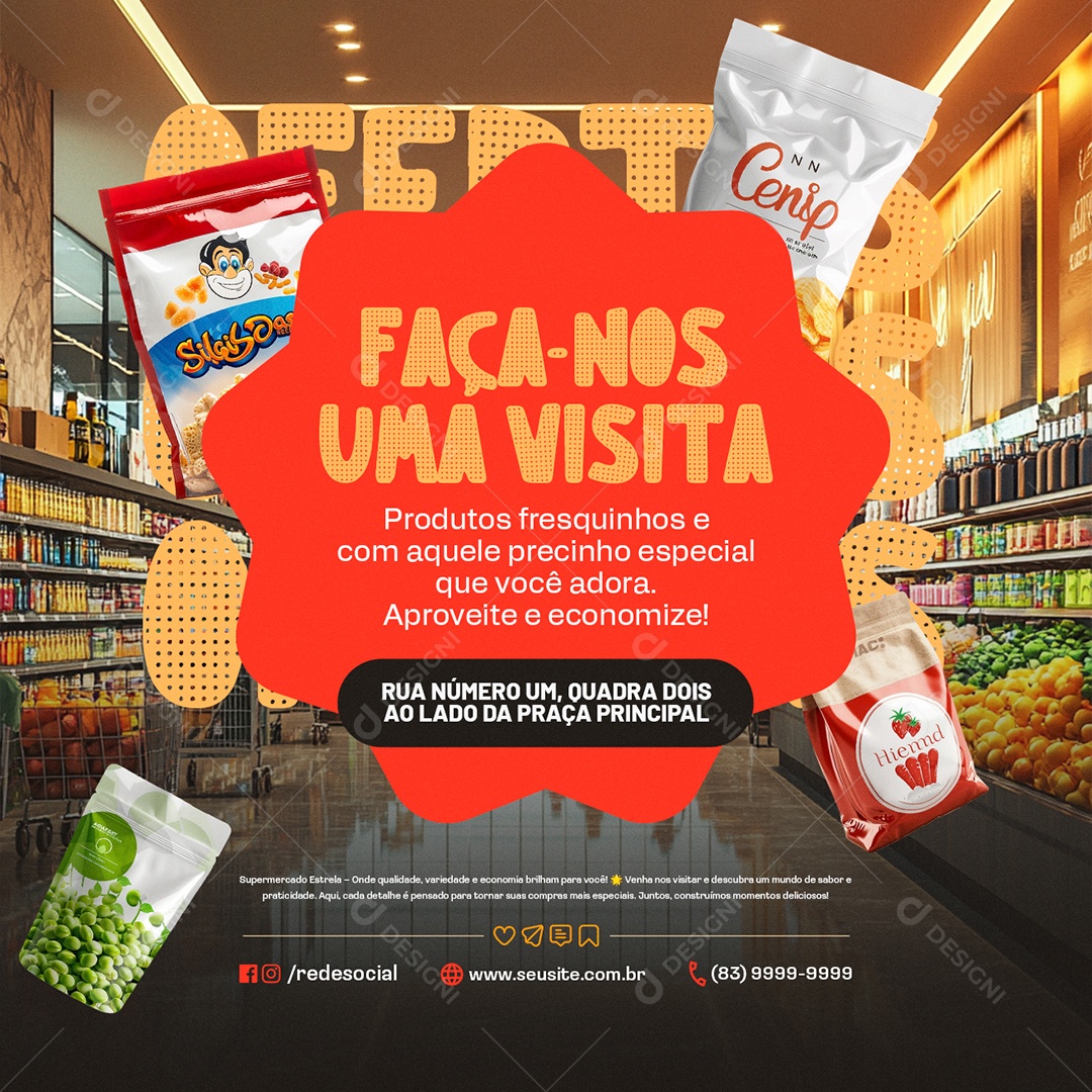 Convite Supermercado Faça Nos Uma Visita Social Media PSD Editável