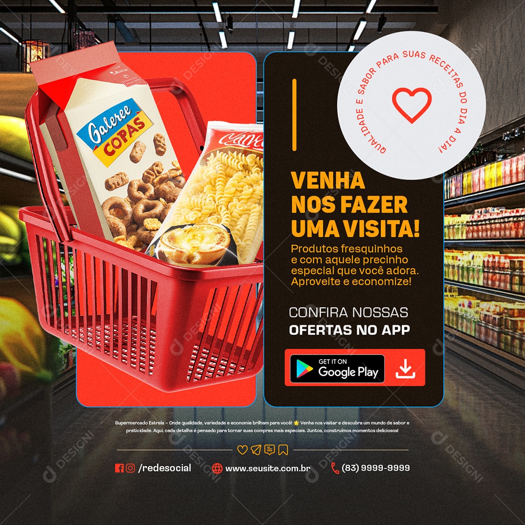 Convite Supermercado Venha Nos Fazer Uma Visita Social Media PSD Editável