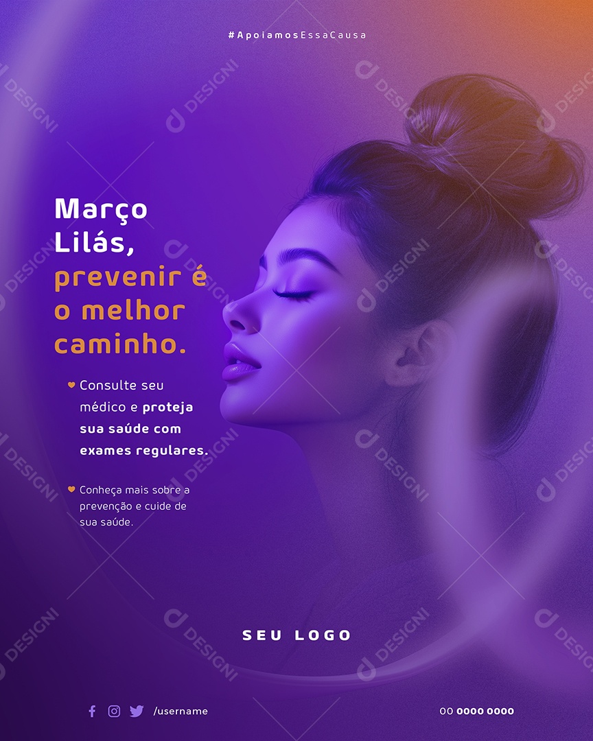 Março Lilás Prevenir é o Melhor Caminho Social Media PSD Editável