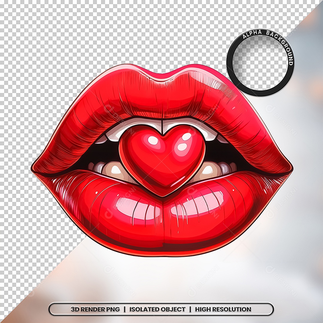 Elemento 3D Boca com Coração Para Composição PSD
