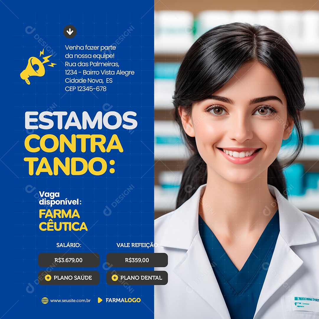 Vaga de Emprego Farmacêutica Venha Fazer Parte da Nossa Equipe Social Media PSD Editável