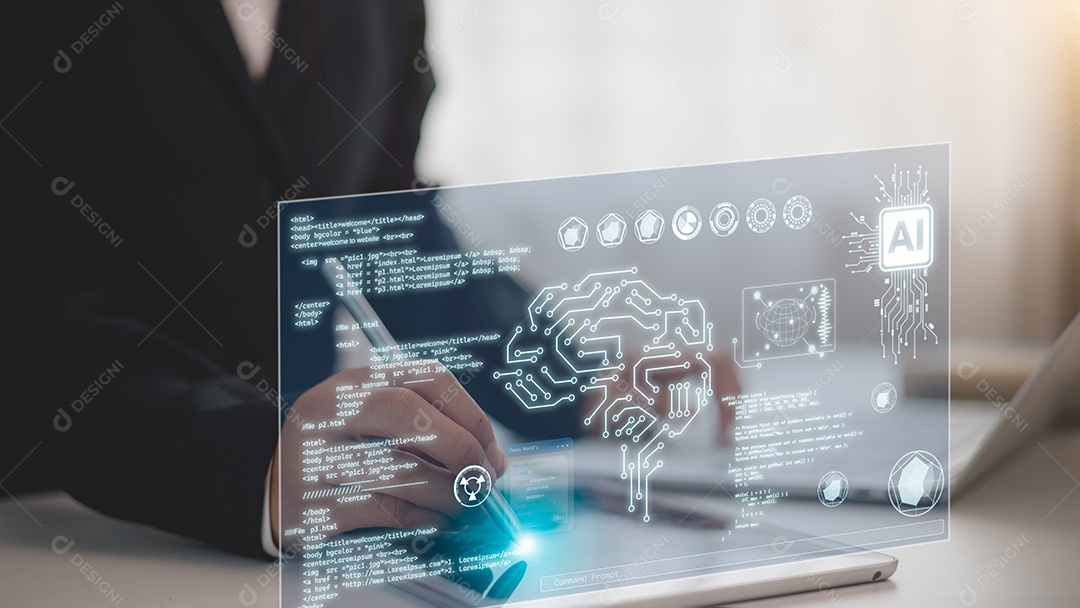 Empresária usando ipad com IA inteligência artificial