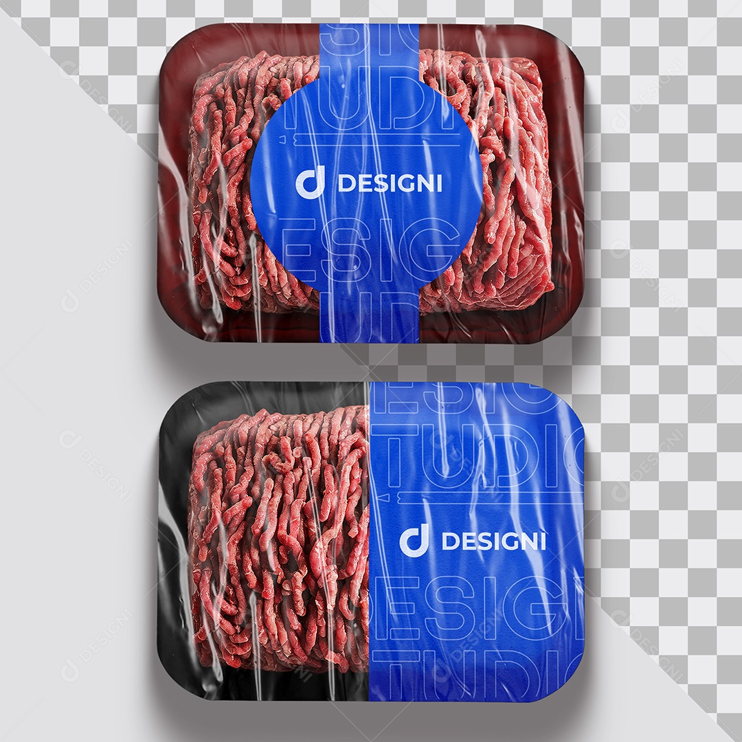 Mockup Carne Moida Congelada a Vácuo na Bandeja PSD Editável