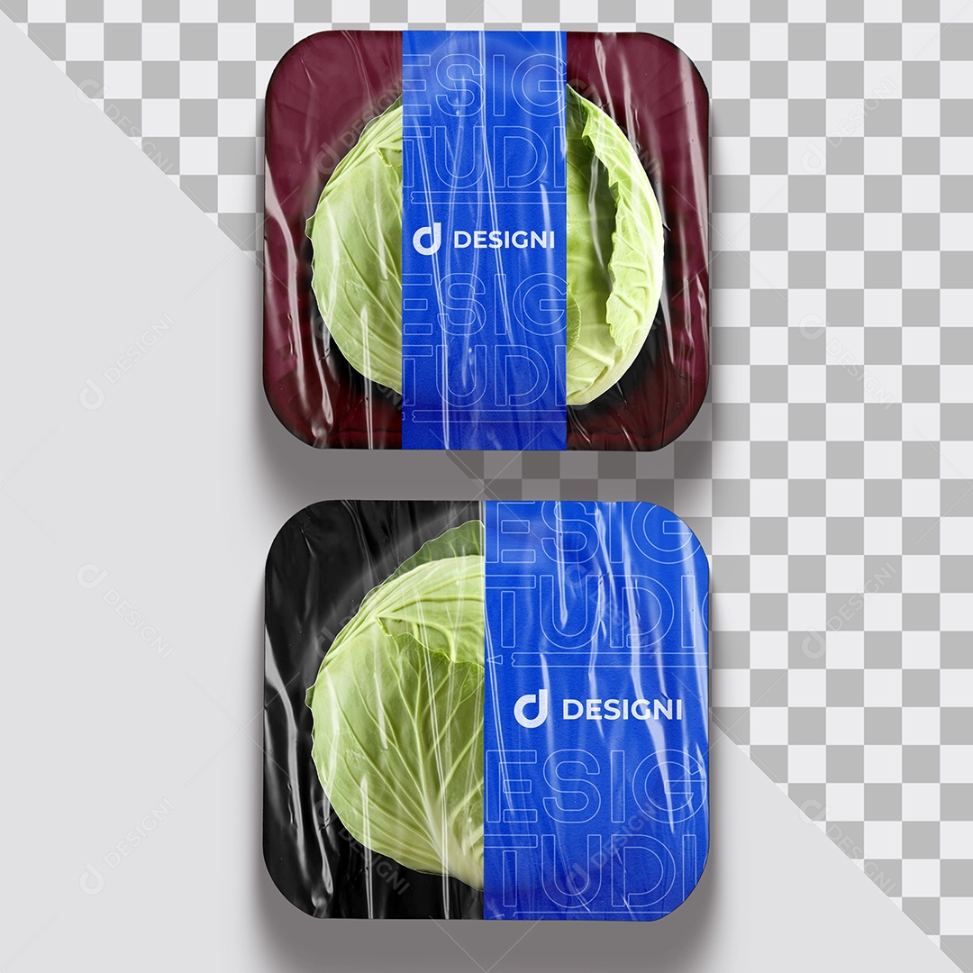 Mockup Repolho Verde Embalado a Vácuo na Bandeja PSD Editável