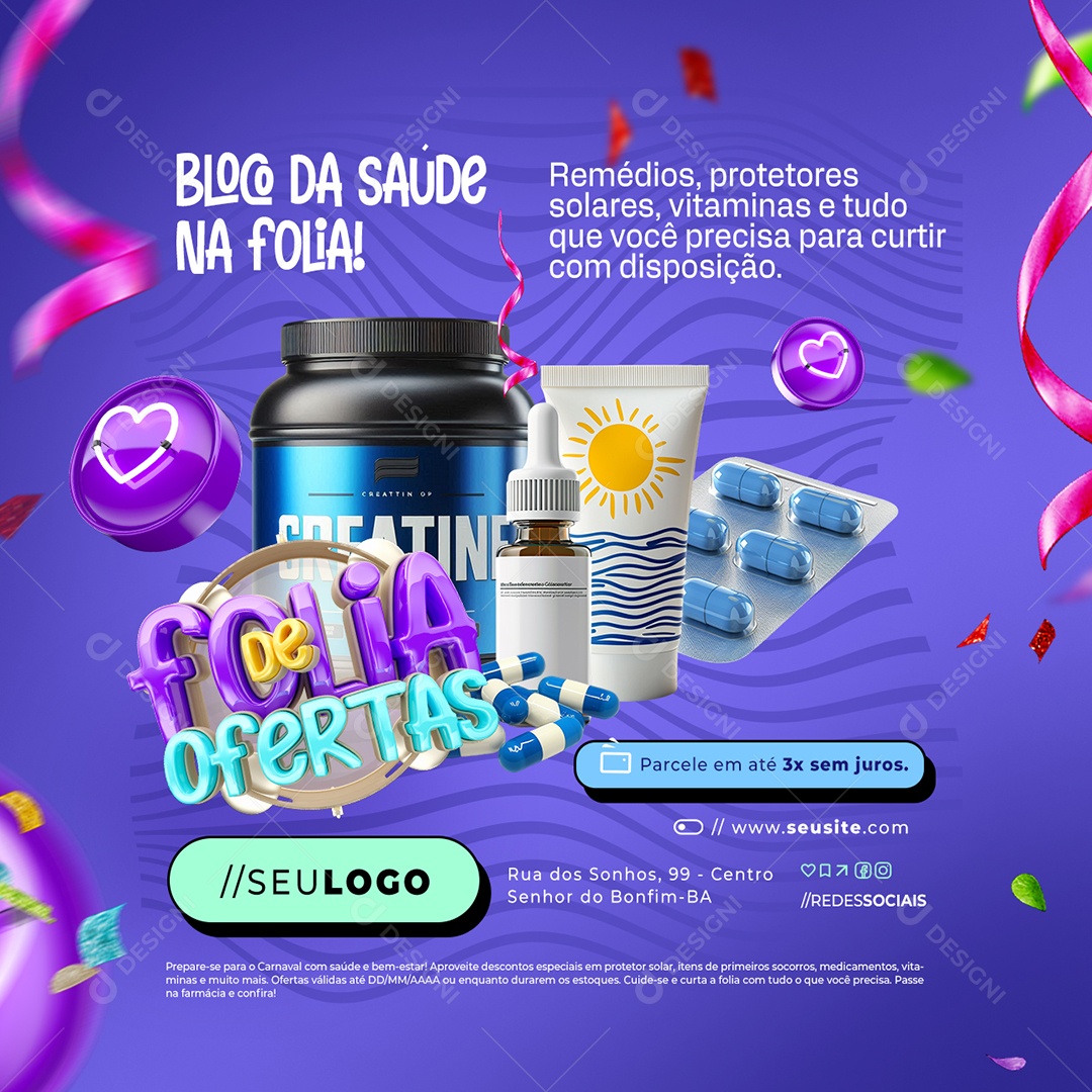 Folia De Ofertas Farmácia Bloco da Saúde na Folia Social Media PSD Editável