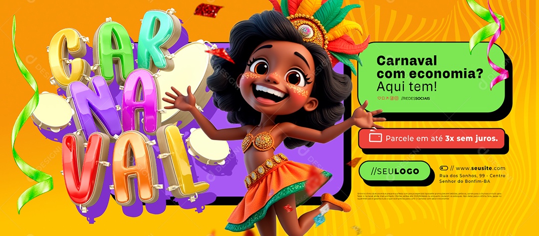 Banner Supermercado Carnaval com Economia Aqui Tem Social Media PSD Editável