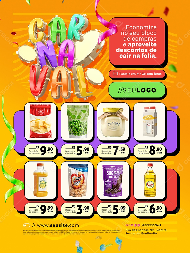 Supermercado Carnaval Encarte Economize no Seu Bloco Social Media PSD Editável