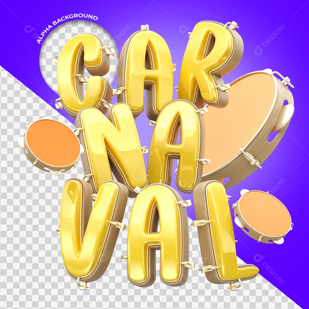 Carnaval Selo 3D Dourado para Composição PSD