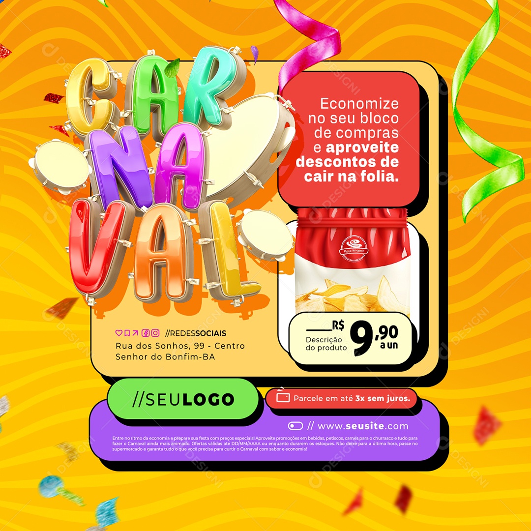 Supermercado Carnaval Economize no Seu Bloco Social Media PSD Editável