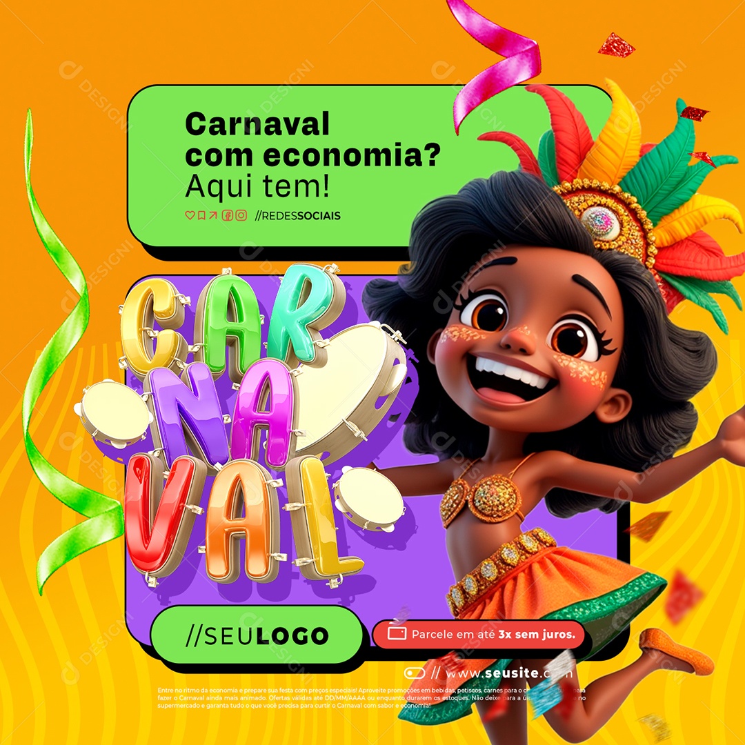 Supermercado Carnaval com Economia Aqui Tem Social Media PSD Editável