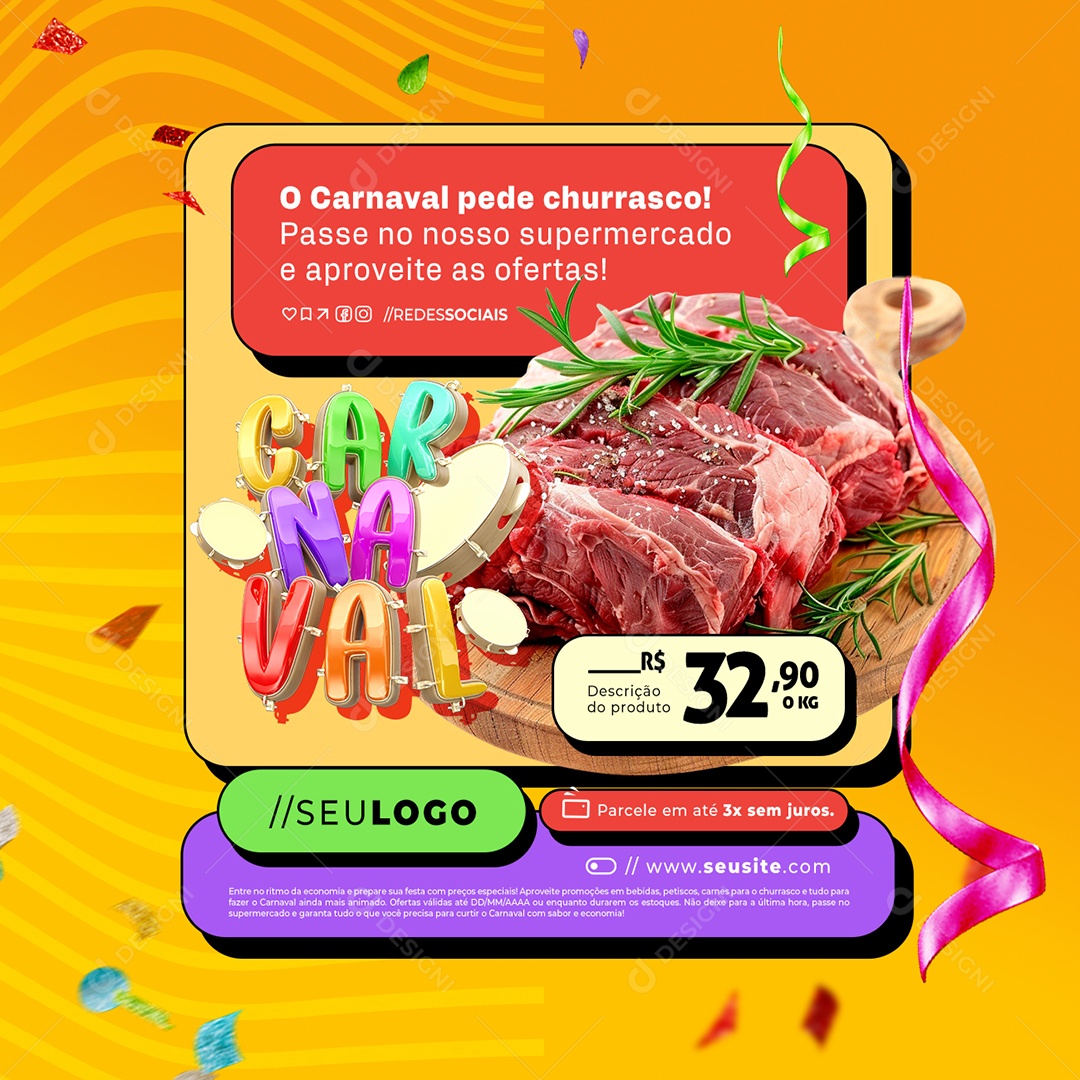 Supermercado Carnaval Carnes O Carnaval Pede Churrasco Social Media PSD Editável