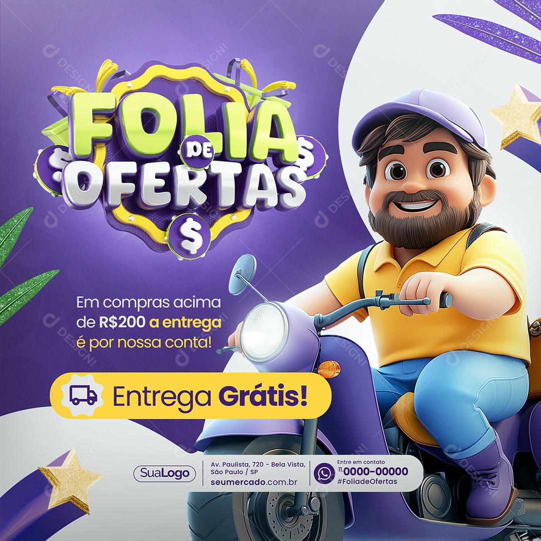 Supermercado Folia de Ofertas Entrega Grátis Social Media PSD Editável