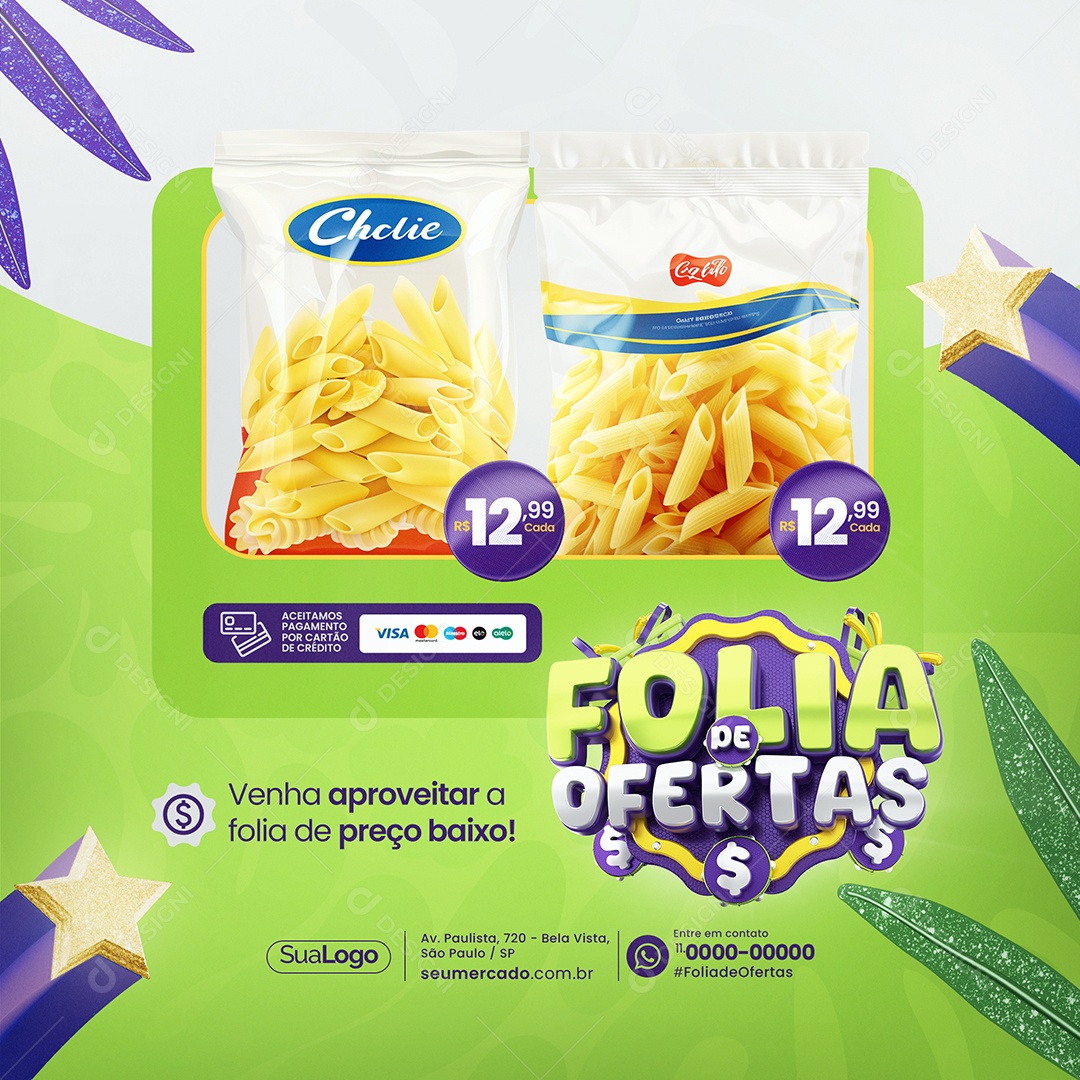 Supermercado Folia de Ofertas Pacote de Macarrão Social Media PSD Editável