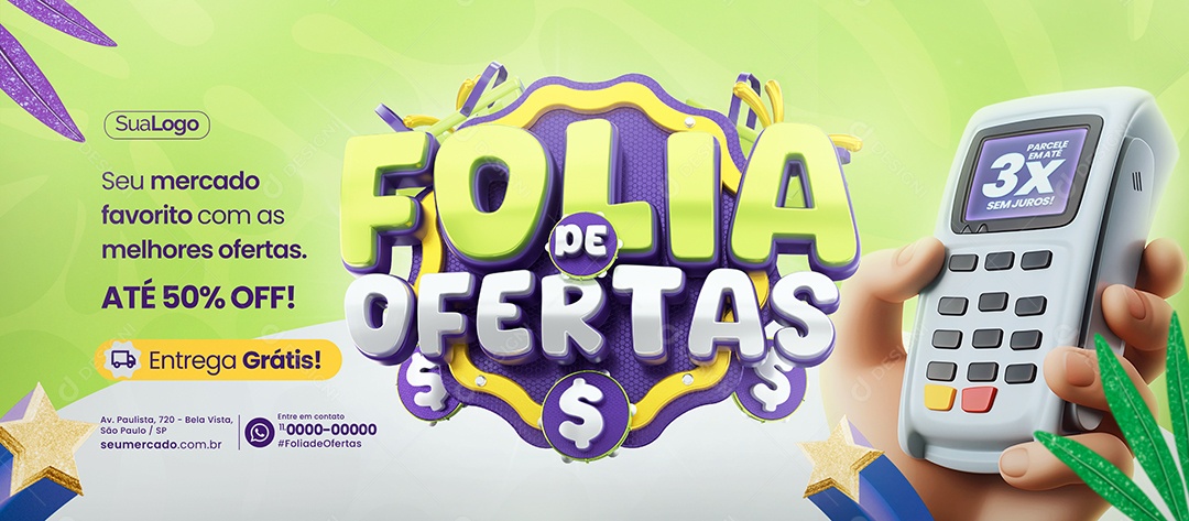 Banner Supermercado Folia de Ofertas Entrega Grátis Social Media PSD Editável
