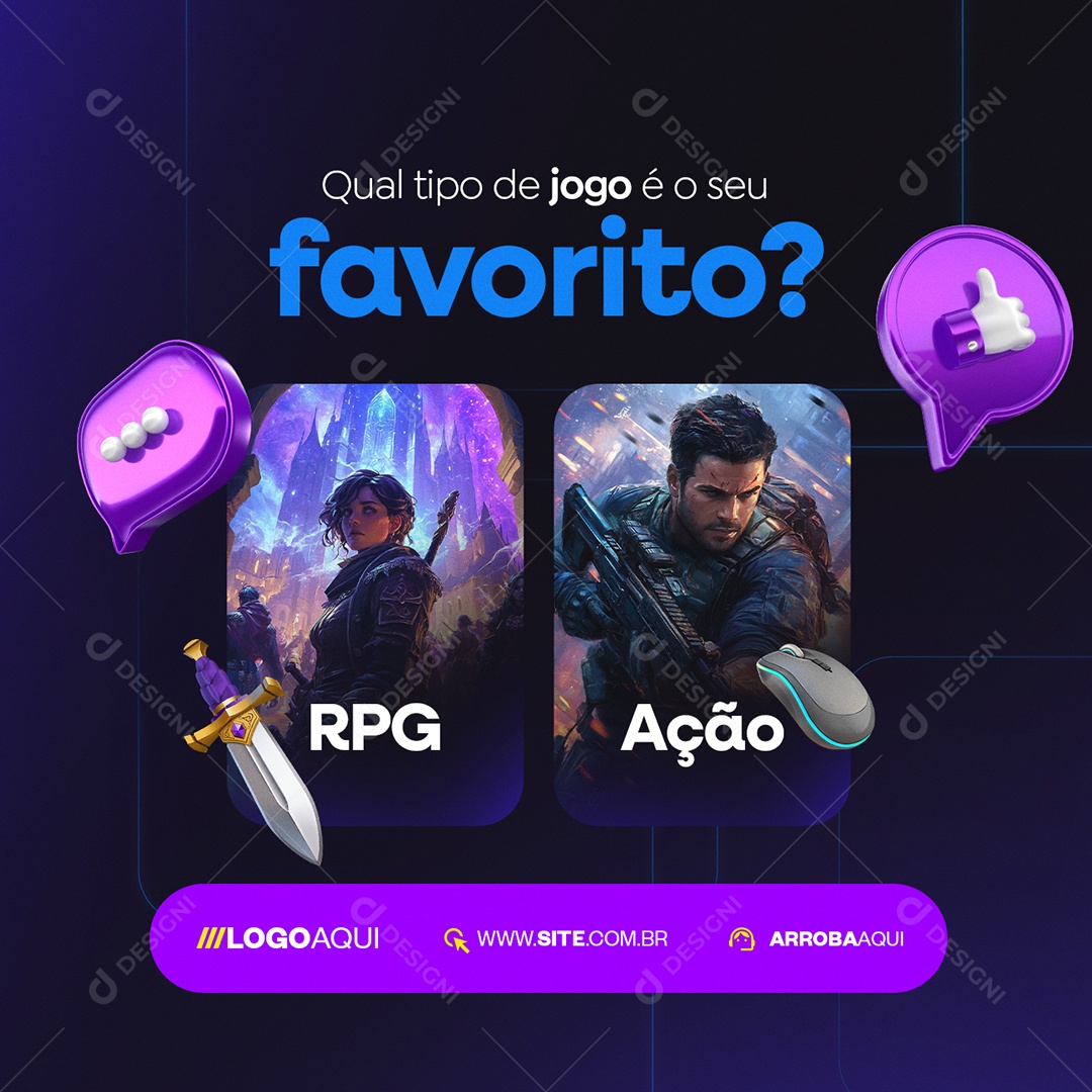 Enquetes Qual Tipo de Jogo é o Seu Favorito RPG Ação Gamer Social Media PSD Editável