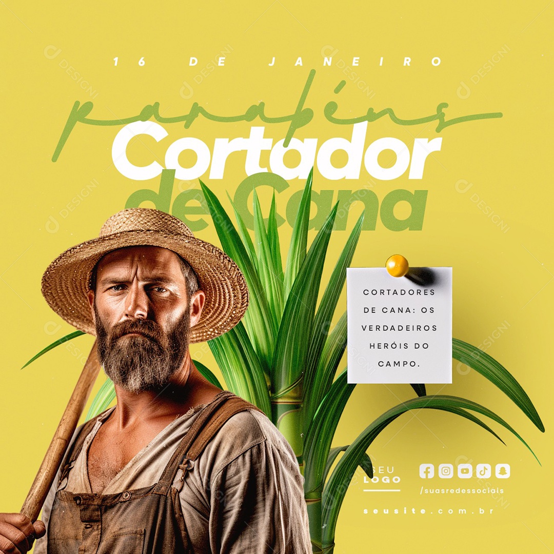 Dia do Cortado de Cana 16 de Janeiro Parabéns Social Media PSD Editável