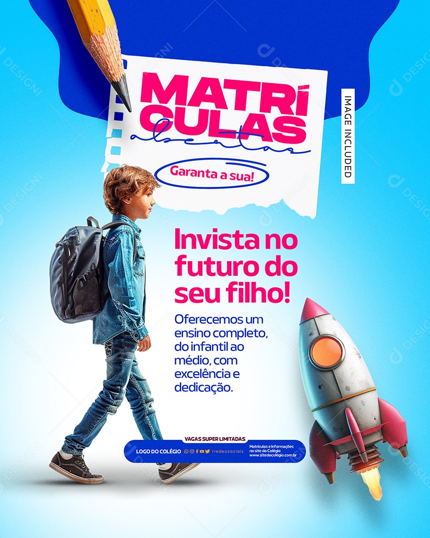 Volta às Aulas Matrículas Abertas Invista no Futuro do Seu Filho Social Media PSD Editável