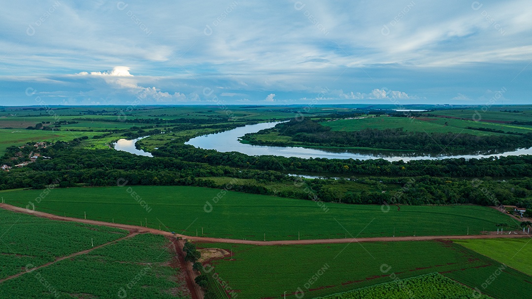 Exuberantes plantações verdes com o rio tietê ao fundo