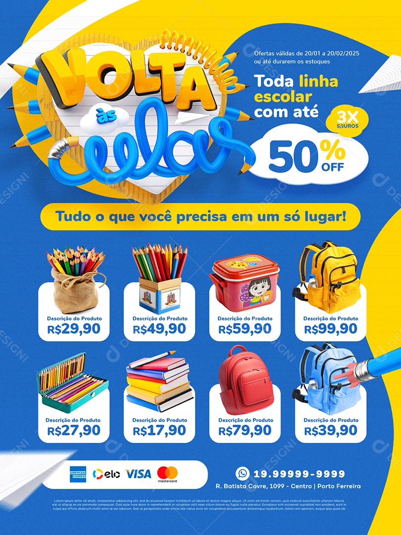 Tabloide Volta às Aulas Produtos Toda Linha Escolar Social Media PSD Editável