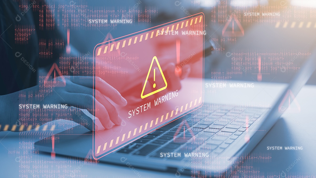 Empresário digitando em um laptop com um sinal de alerta na tela