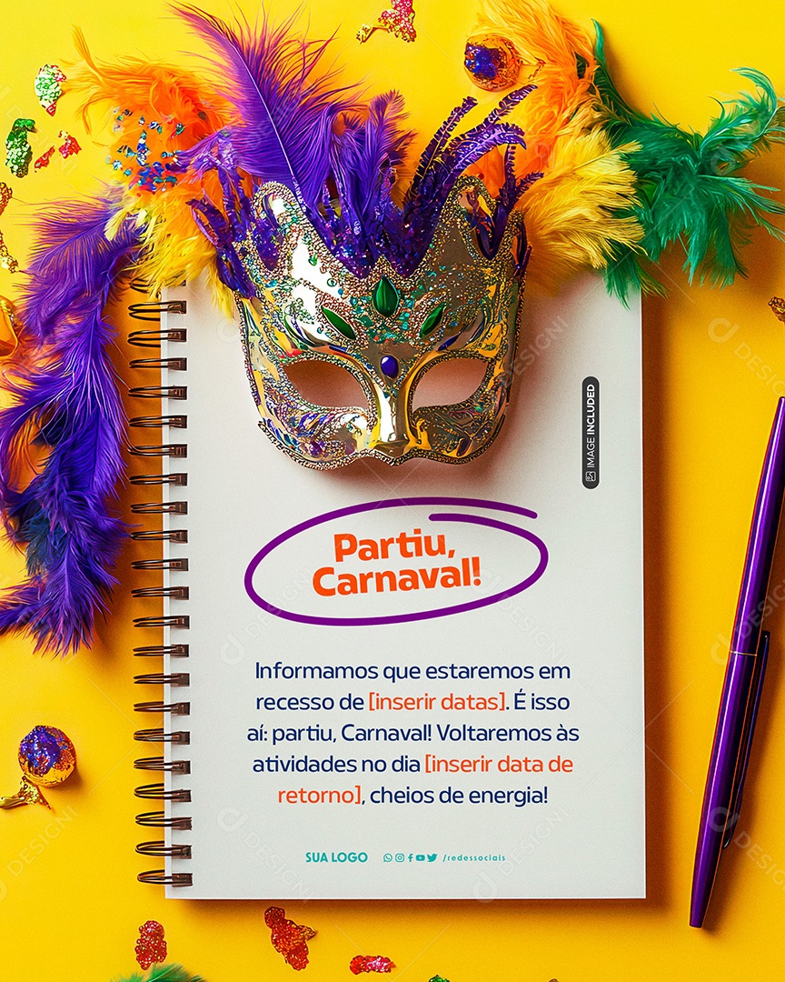 Comunicado Carnaval Recesso de Carnaval Social Media PSD Editável
