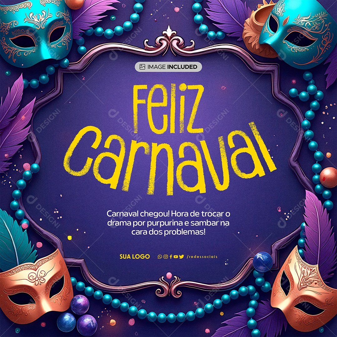 Feliz Carnaval Social Purpurina e Sambar Media PSD Editável