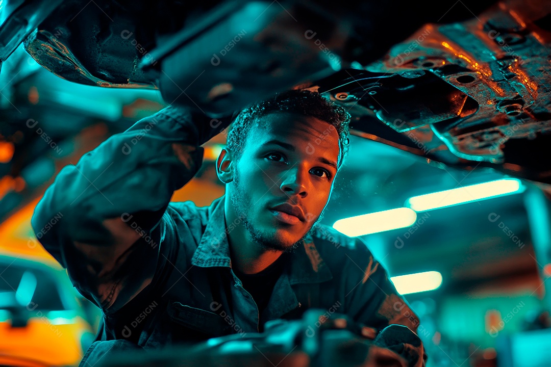 Homem jovem mecânico sobre oficina.