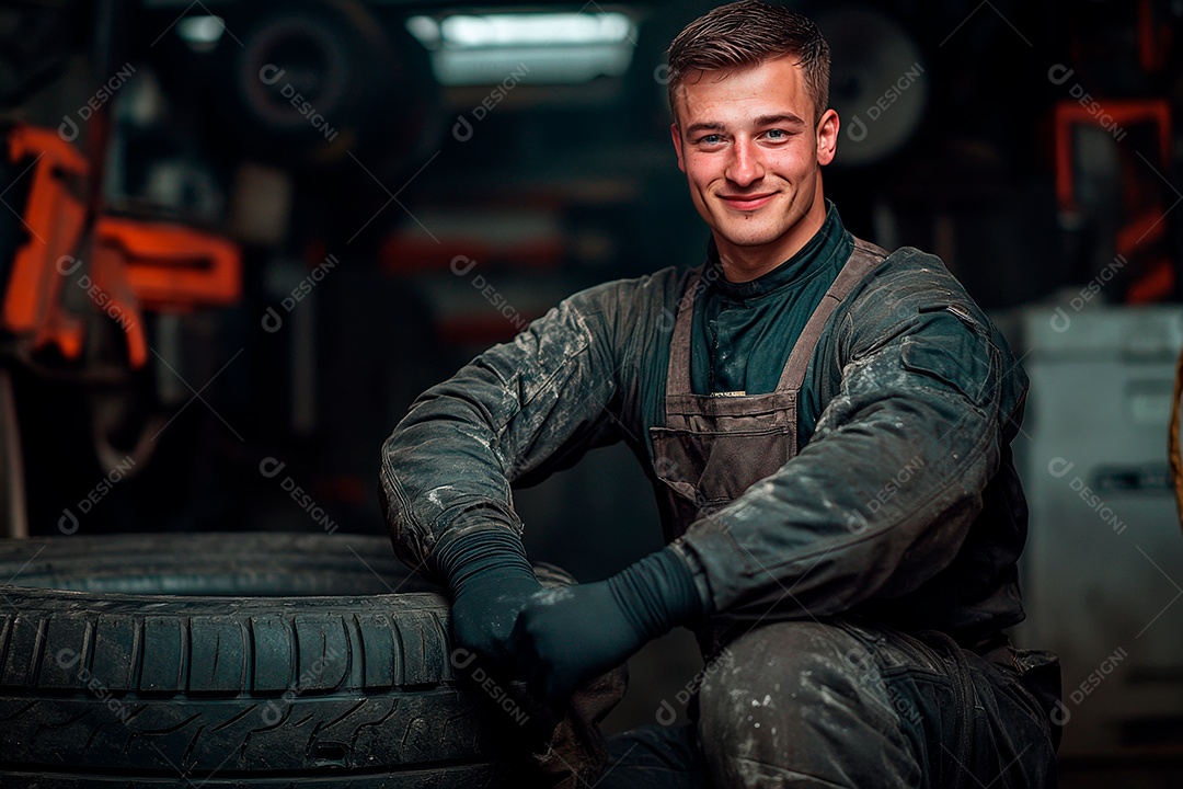 Homem jovem mecânico sobre oficina.