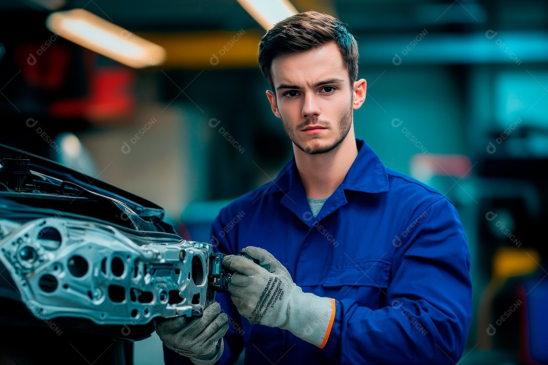 Homem jovem mecânico sobre oficina.