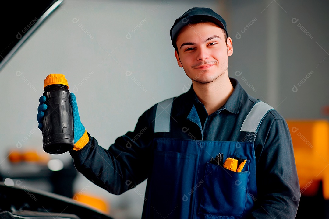 Homem jovem mecânico sobre oficina.