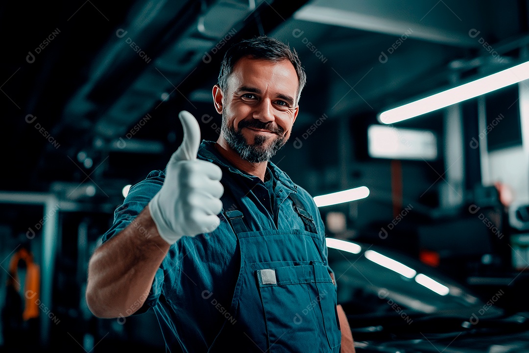 Homem jovem mecânico sobre oficina.