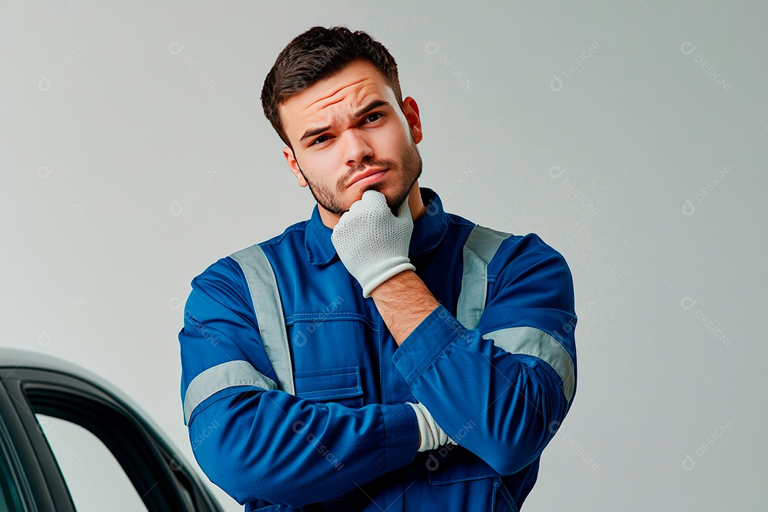 Homem jovem mecânico sobre oficina.