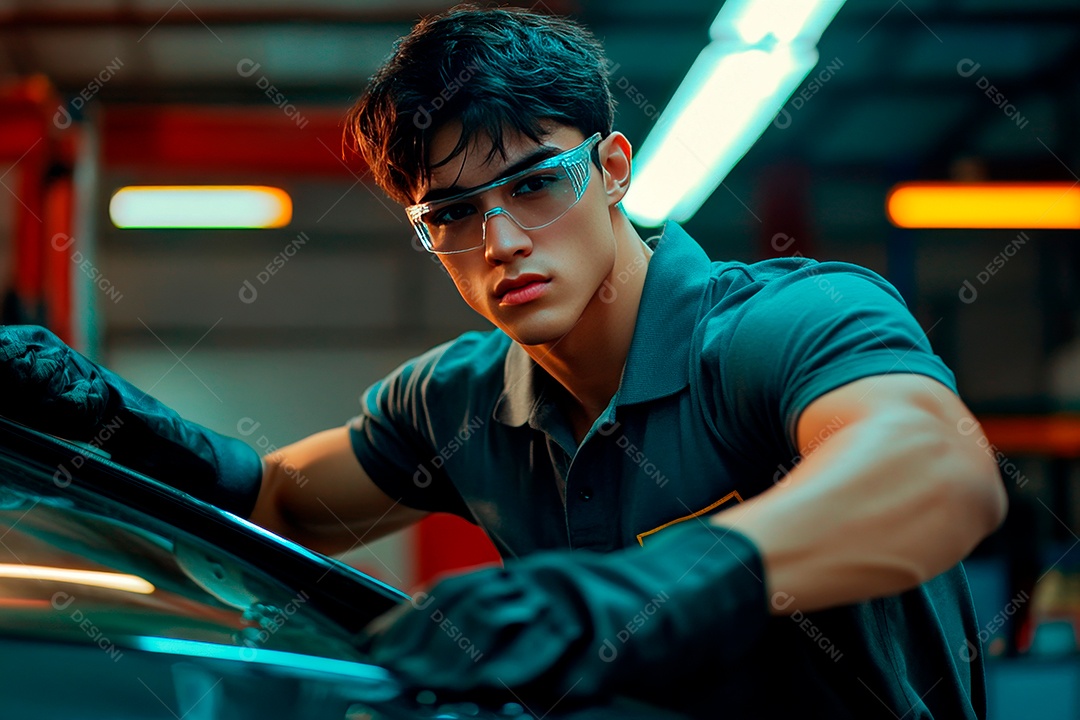 Homem jovem mecânico sobre oficina.