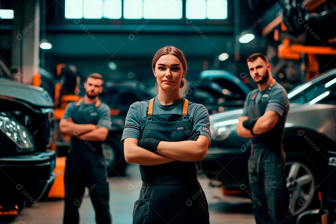 Homem e Mulher jovens mecânicos sobre oficina.